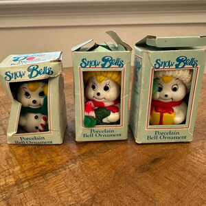 Vintage Christmas SET OF 3 SNOWBELLS PORCELAIN HAND PAINTED ORNAMENTS KNIT HATS